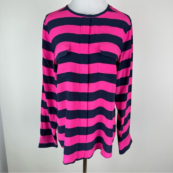 Equipment Navy Pink Striped Silk Button Down Shirt Size Large - Picture 1 of 13
